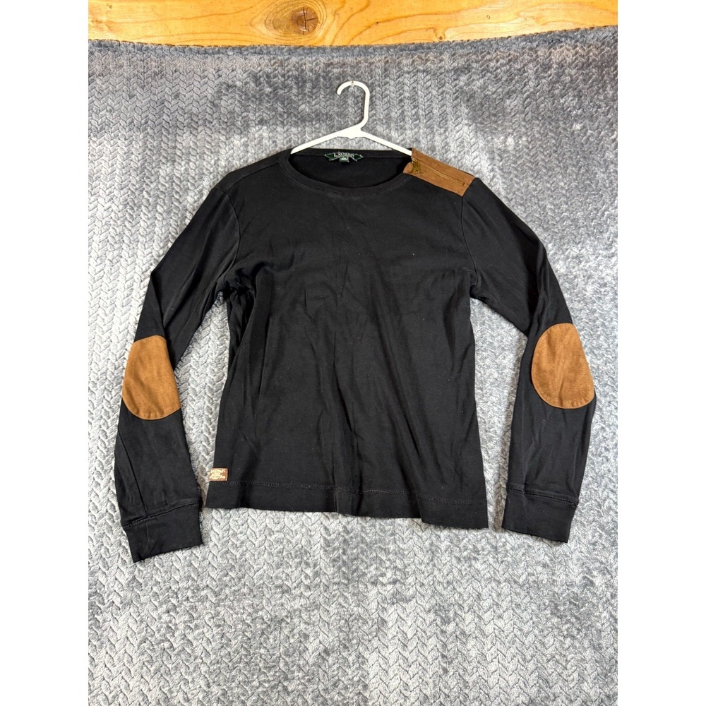 Lauren Ralph Lauren Shirt Womens Large Black Cotton Elbow Patch Long Sleeve
